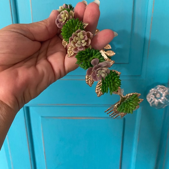 Crown Headband Faux Succulent Woodland Floral Handmade Wedding Prom Tiara Gold - Picture 9 of 11